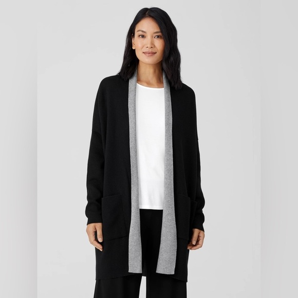Eileen Fisher Waffle Knit Cotton Cashmere Open Front Drapey Cardigan Black/Gray - Picture 1 of 9